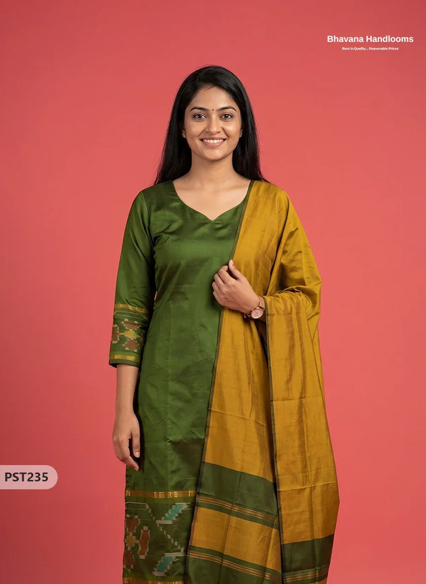 Pochampally Semi Pattu 3PC Kurti Set in Olive Green Colour | Ready-to-Wear Ethnic Wear