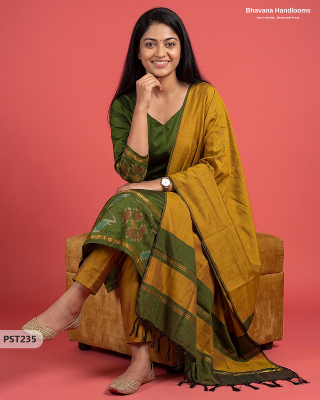 Pochampally Semi Pattu 3PC Kurti Set in Olive Green Colour | Ready-to-Wear Ethnic Wear