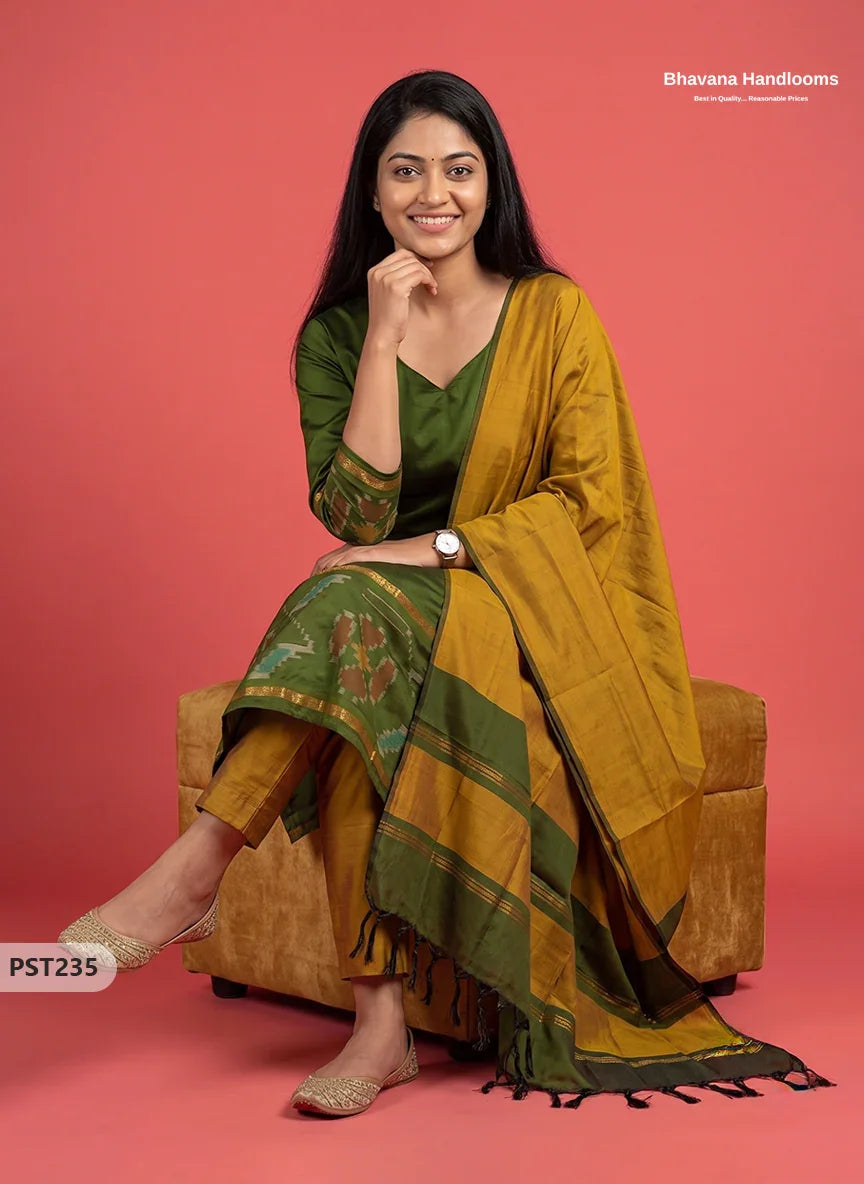 Pochampally Semi Pattu 3PC Kurti Set in Olive Green Colour | Ready-to-Wear Ethnic Wear