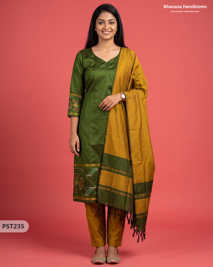 Pochampally Semi Pattu 3PC Kurti Set in Olive Green Colour | Ready-to-Wear Ethnic Wear