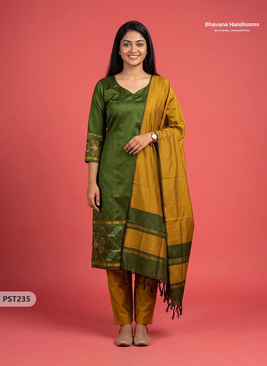 Pochampally Semi Pattu 3PC Kurti Set in Olive Green Colour | Ready-to-Wear Ethnic Wear
