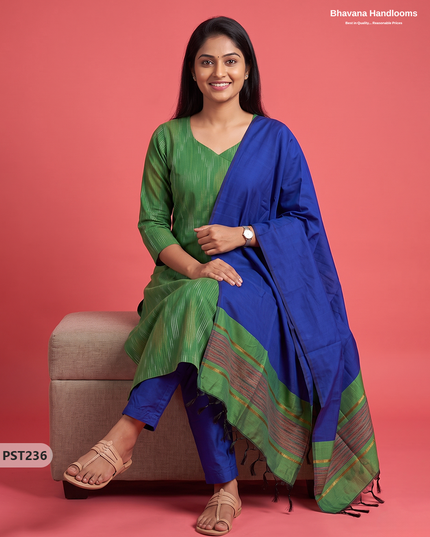 Pochampally Semi Pattu 3PC Kurti Set in Leaf Green Colour | Ready-to-Wear Ethnic Wear