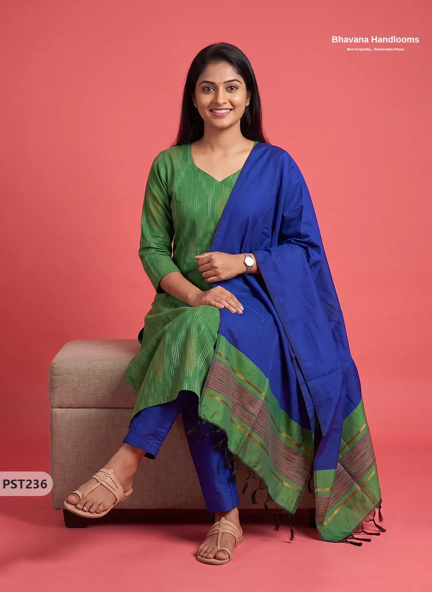 Pochampally Semi Pattu 3PC Kurti Set in Leaf Green Colour | Ready-to-Wear Ethnic Wear