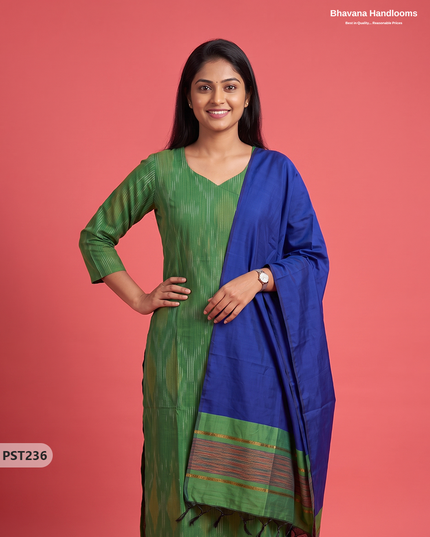 Pochampally Semi Pattu 3PC Kurti Set in Leaf Green Colour | Ready-to-Wear Ethnic Wear