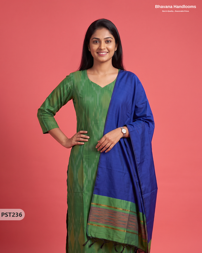 Pochampally Semi Pattu 3PC Kurti Set in Leaf Green Colour | Ready-to-Wear Ethnic Wear