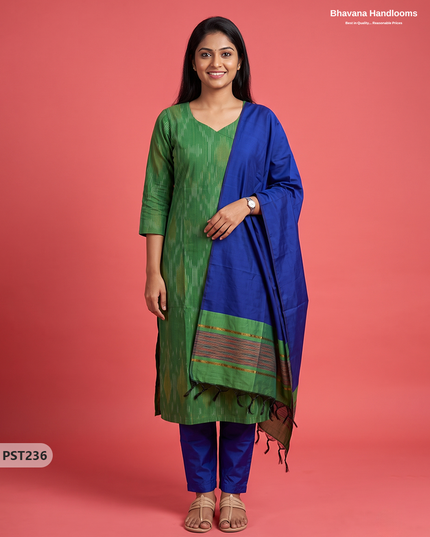 Pochampally Semi Pattu 3PC Kurti Set in Leaf Green Colour | Ready-to-Wear Ethnic Wear