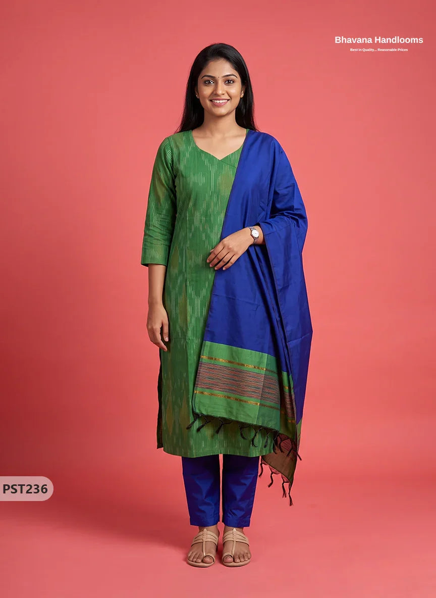 Pochampally Semi Pattu 3PC Kurti Set in Leaf Green Colour | Ready-to-Wear Ethnic Wear