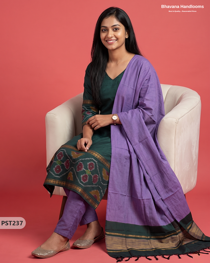 Pochampally Semi Pattu 3PC Kurti Set in Bottle Green Colour | Ready-to-Wear Ethnic Wear