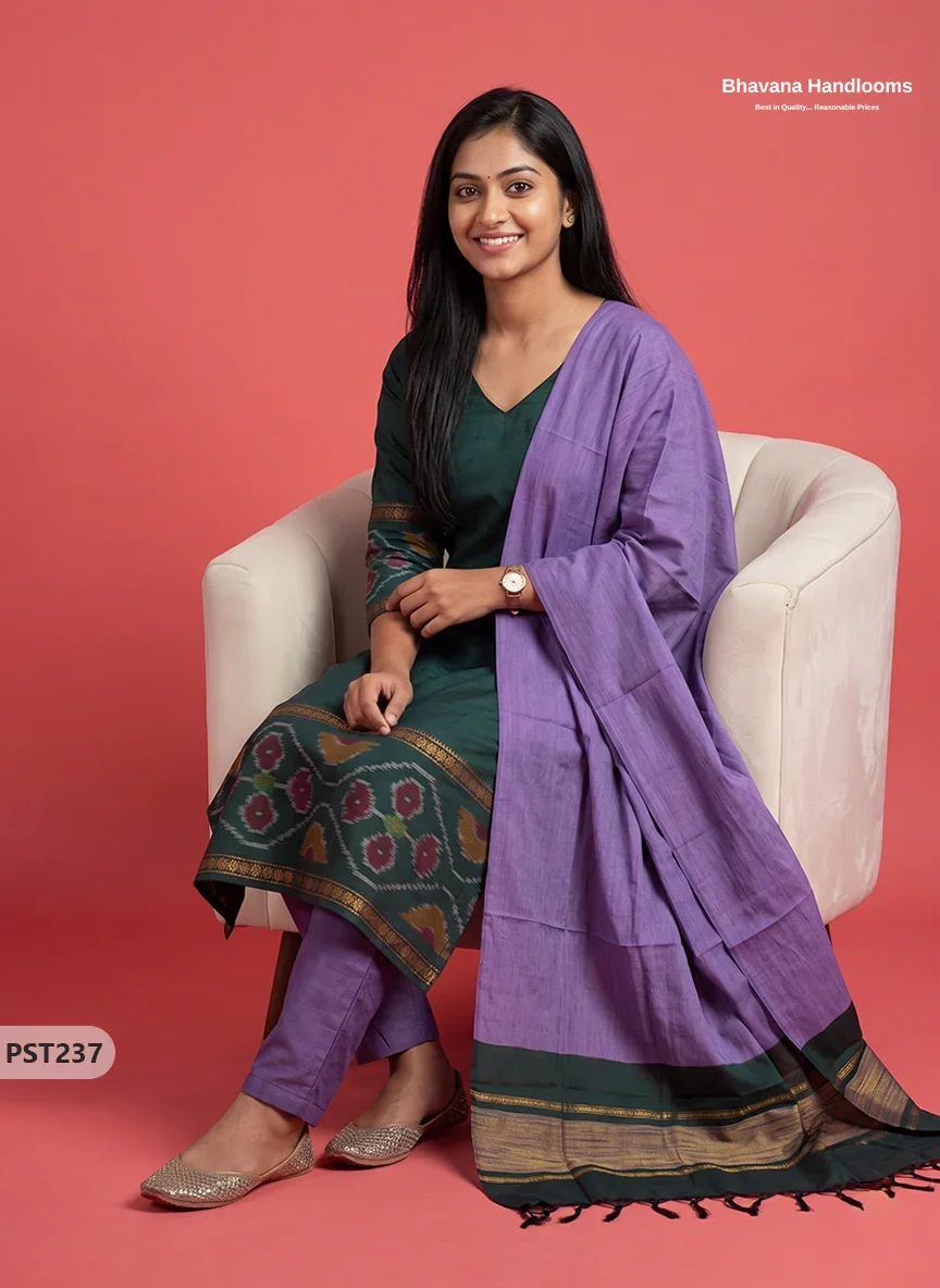 Pochampally Semi Pattu 3PC Kurti Set in Bottle Green Colour | Ready-to-Wear Ethnic Wear