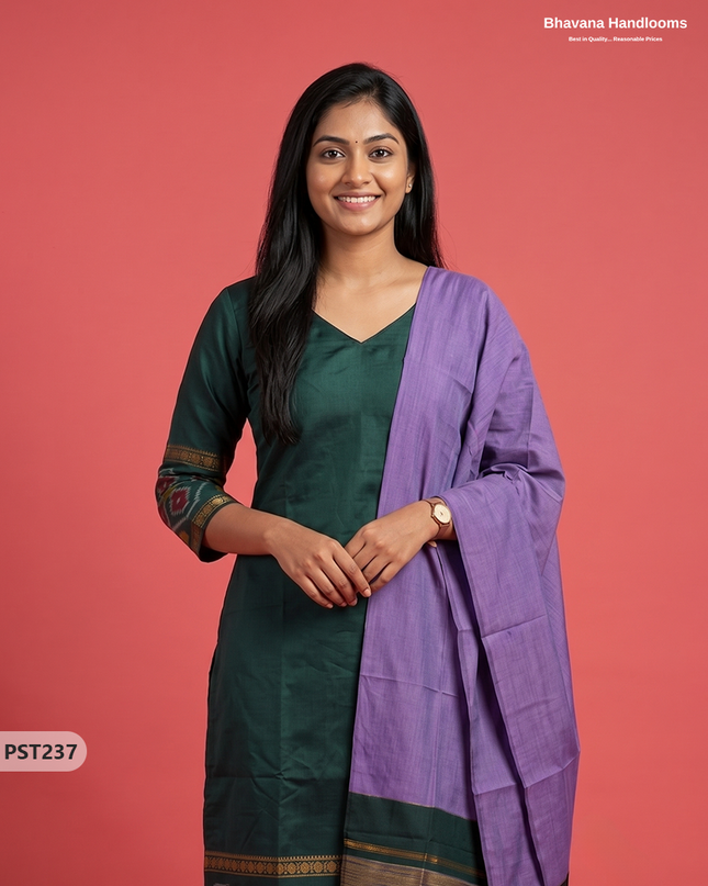 Pochampally Semi Pattu 3PC Kurti Set in Bottle Green Colour | Ready-to-Wear Ethnic Wear