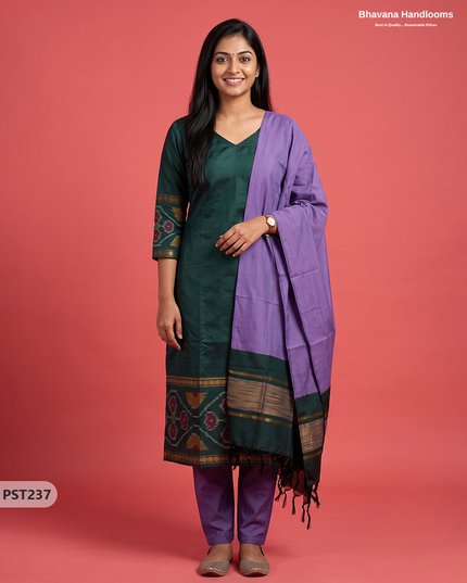 Pochampally Semi Pattu 3PC Kurti Set in Bottle Green Colour | Ready-to-Wear Ethnic Wear