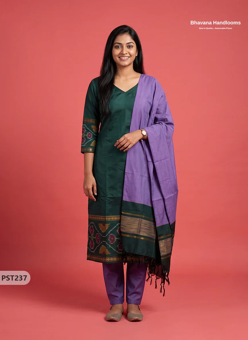 Pochampally Semi Pattu 3PC Kurti Set in Bottle Green Colour | Ready-to-Wear Ethnic Wear