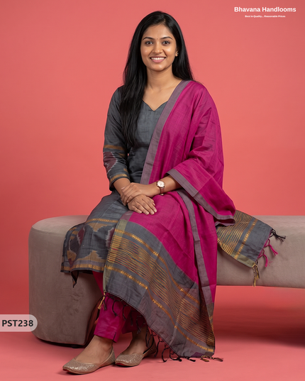 Pochampally Semi Pattu 3PC Kurti Set in Charcoal Grey Colour | Ready-to-Wear Ethnic Wear