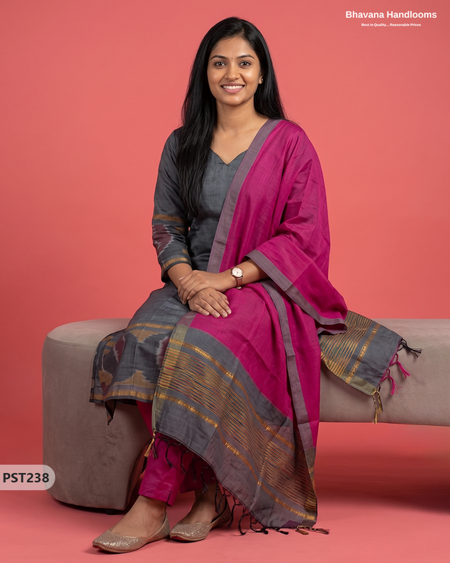 Pochampally Semi Pattu 3PC Kurti Set in Charcoal Grey Colour | Ready-to-Wear Ethnic Wear