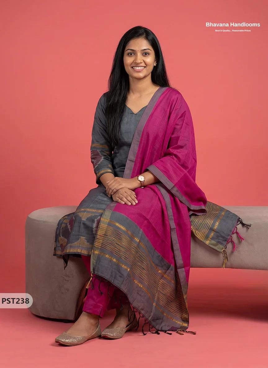 Pochampally Semi Pattu 3PC Kurti Set in Charcoal Grey Colour | Ready-to-Wear Ethnic Wear