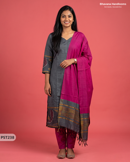 Pochampally Semi Pattu 3PC Kurti Set in Charcoal Grey Colour | Ready-to-Wear Ethnic Wear