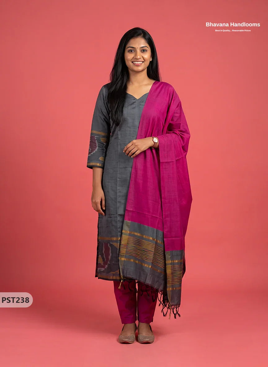 Pochampally Semi Pattu 3PC Kurti Set in Charcoal Grey Colour | Ready-to-Wear Ethnic Wear