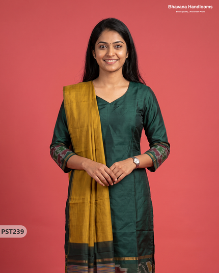 Pochampally Semi Pattu 3PC Kurti Set in Bottle Green Colour | Ready-to-Wear Ethnic Wear