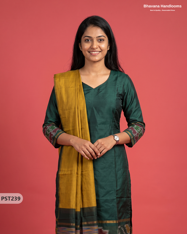 Pochampally Semi Pattu 3PC Kurti Set in Bottle Green Colour | Ready-to-Wear Ethnic Wear