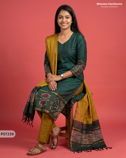 Pochampally Semi Pattu 3PC Kurti Set in Bottle Green Colour | Ready-to-Wear Ethnic Wear