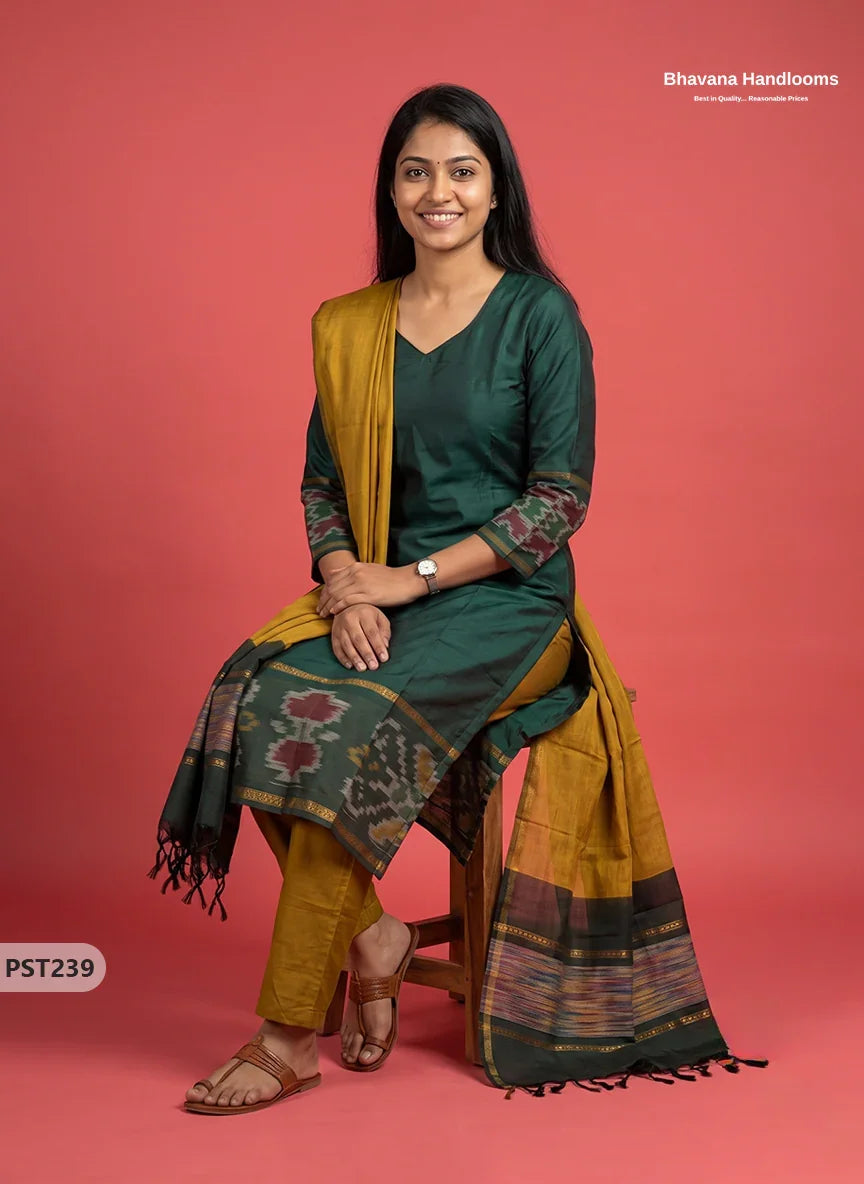 Pochampally Semi Pattu 3PC Kurti Set in Bottle Green Colour | Ready-to-Wear Ethnic Wear