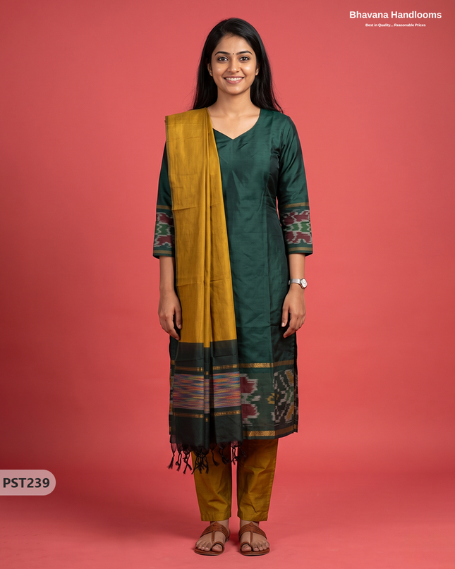 Pochampally Semi Pattu 3PC Kurti Set in Bottle Green Colour | Ready-to-Wear Ethnic Wear