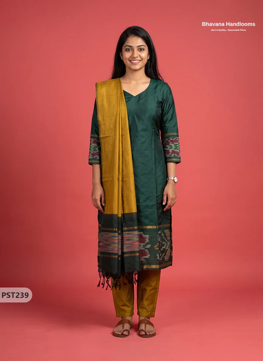 Pochampally Semi Pattu 3PC Kurti Set in Bottle Green Colour | Ready-to-Wear Ethnic Wear