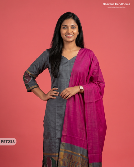 Pochampally Semi Pattu 3PC Kurti Set in Charcoal Grey Colour | Ready-to-Wear Ethnic Wear