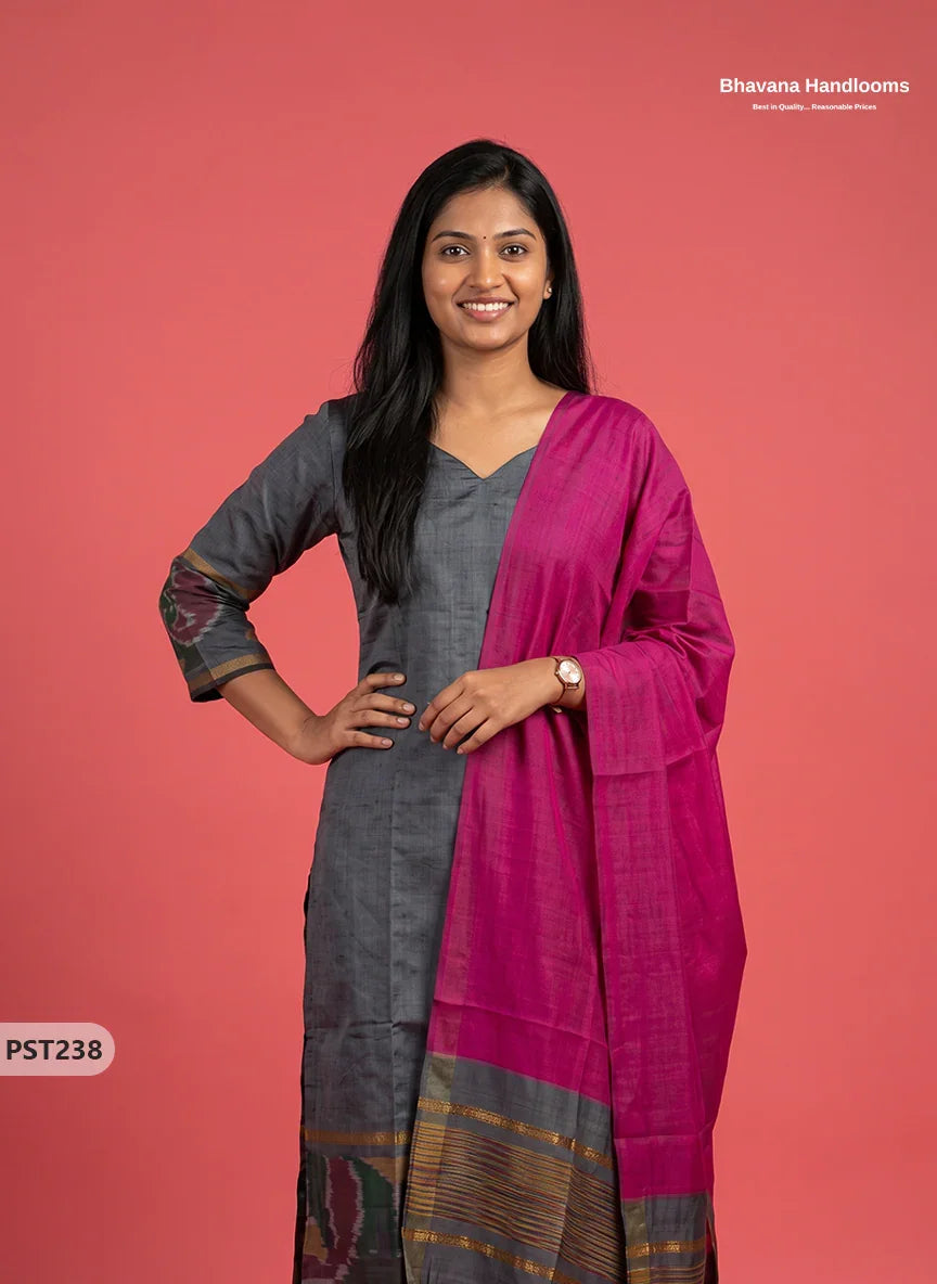 Pochampally Semi Pattu 3PC Kurti Set in Charcoal Grey Colour | Ready-to-Wear Ethnic Wear