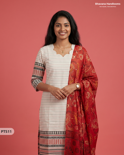 Jacquard 3PC Kurti Set in Off White Colour with Designer Printed Dupatta and Elastic Bottom | Ready to Wear
