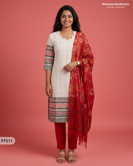 Jacquard 3PC Kurti Set in Off White Colour with Designer Printed Dupatta and Elastic Bottom | Ready to Wear
