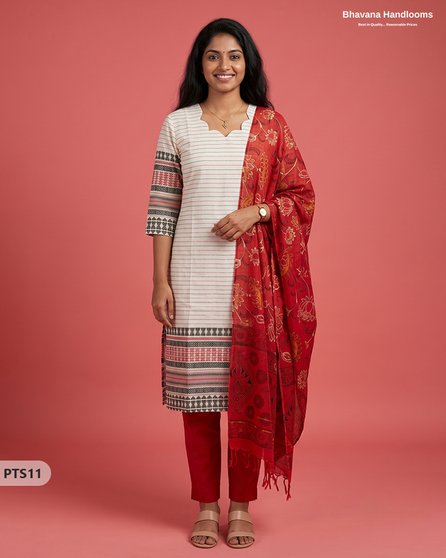 Jacquard 3PC Kurti Set in Off White Colour with Designer Printed Dupatta and Elastic Bottom | Ready to Wear