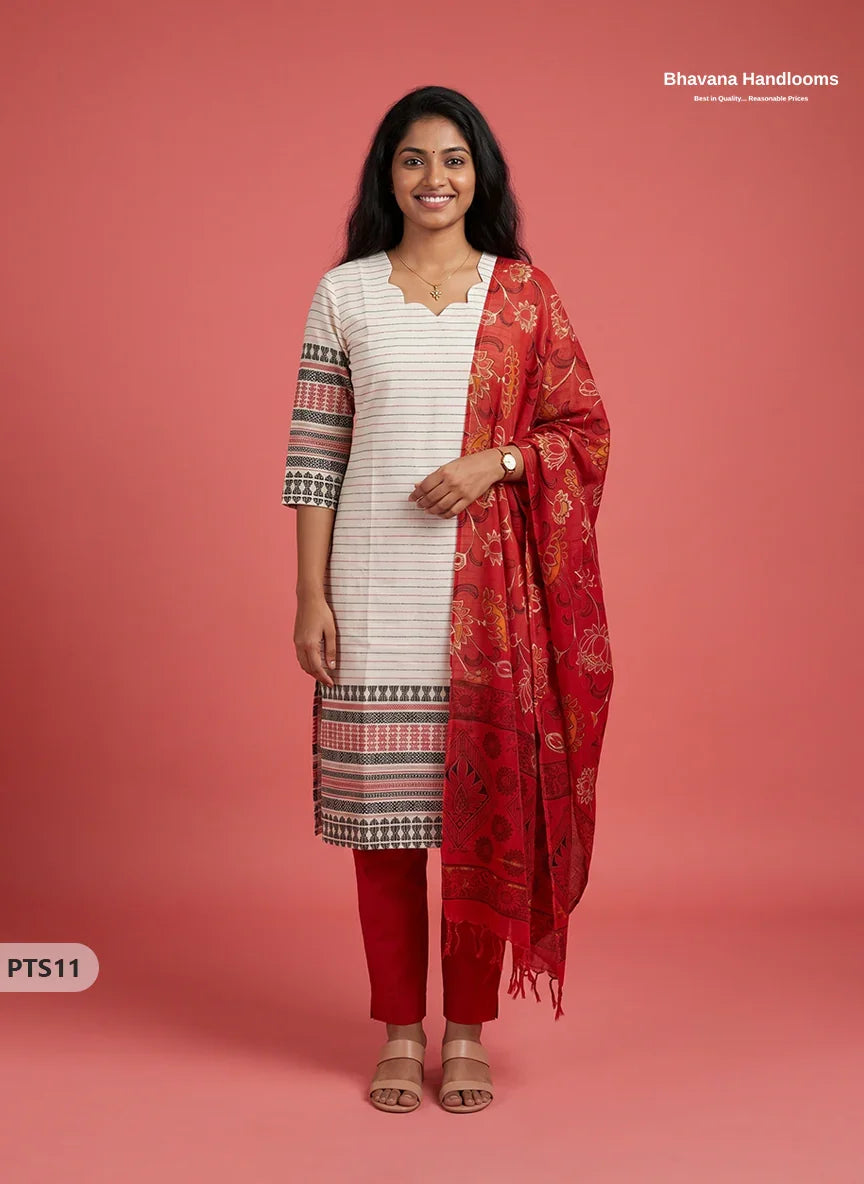 Jacquard 3PC Kurti Set in Off White Colour with Designer Printed Dupatta and Elastic Bottom | Ready to Wear