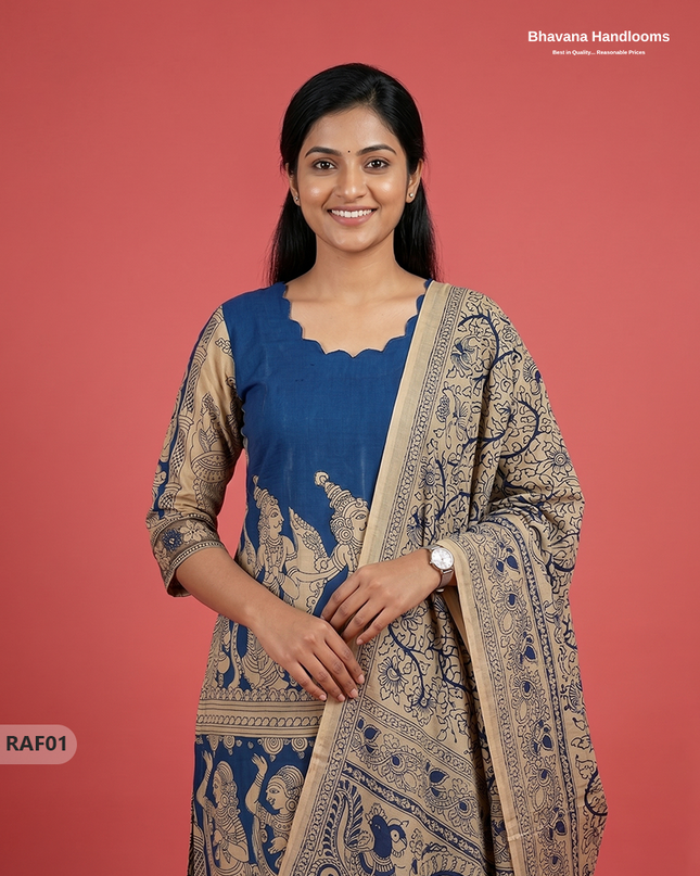 Premium Kalamkari Ramayanam Design 3PC Kurti Set with Elastic Bottom | Blue Ethnic Wear