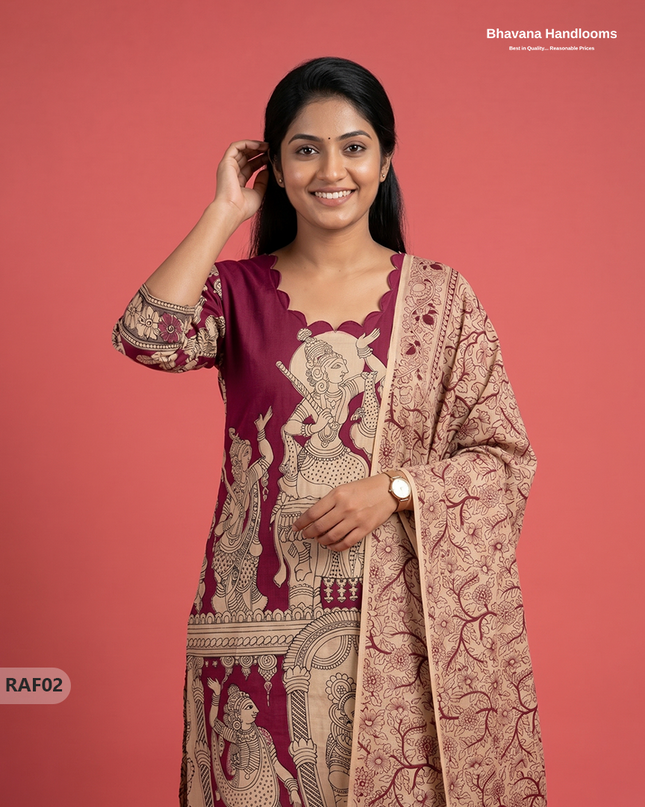 Premium Kalamkari Ramayanam Design 3PC Kurti Set with Elastic Bottom | Wine Maroon Ethnic Wear