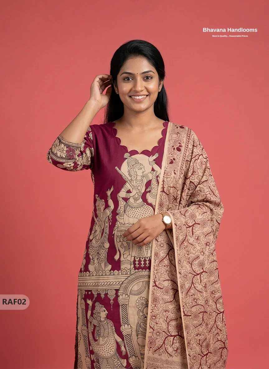 Premium Kalamkari Ramayanam Design 3PC Kurti Set with Elastic Bottom | Wine Maroon Ethnic Wear