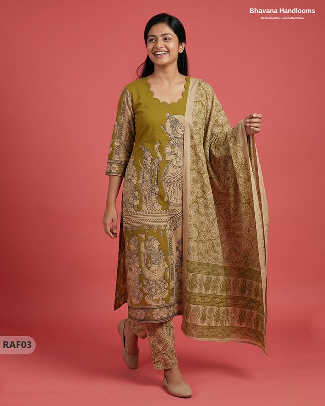 Premium Kalamkari Ramayanam Design 3PC Kurti Set with Elastic Bottom | Olive Green Ethnic Wear