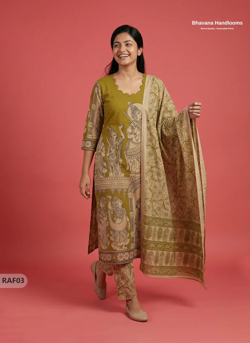 Premium Kalamkari Ramayanam Design 3PC Kurti Set with Elastic Bottom | Olive Green Ethnic Wear