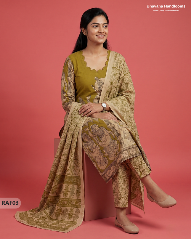 Premium Kalamkari Ramayanam Design 3PC Kurti Set with Elastic Bottom | Olive Green Ethnic Wear