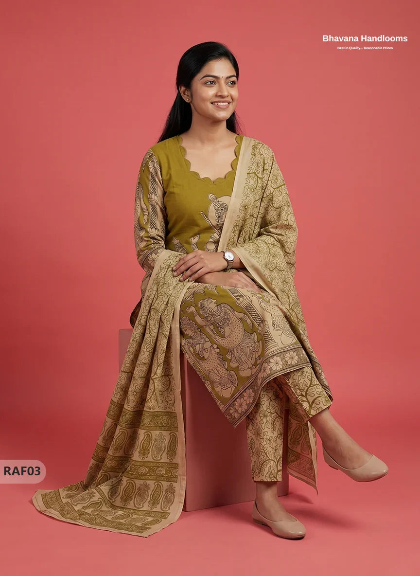 Premium Kalamkari Ramayanam Design 3PC Kurti Set with Elastic Bottom | Olive Green Ethnic Wear