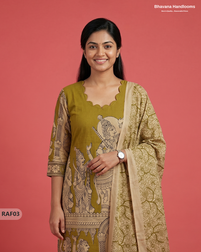 Premium Kalamkari Ramayanam Design 3PC Kurti Set with Elastic Bottom | Olive Green Ethnic Wear