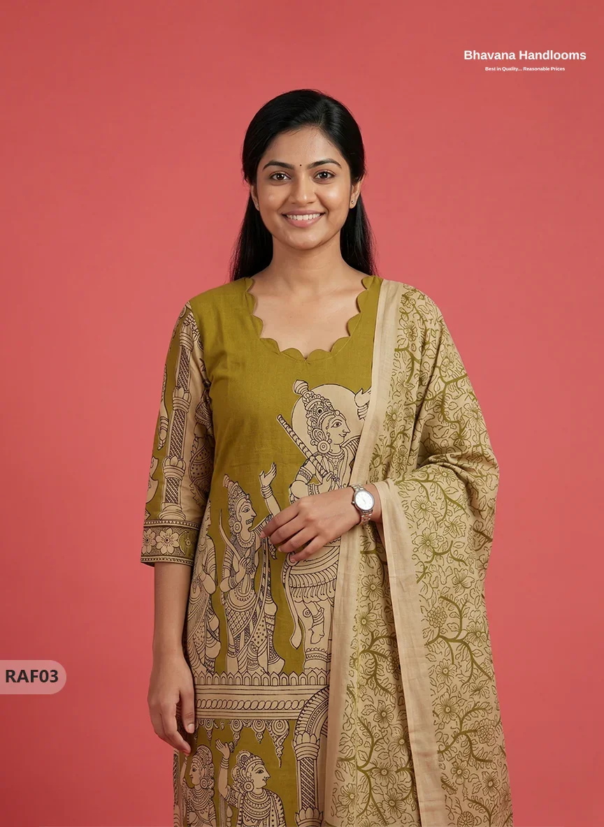 Premium Kalamkari Ramayanam Design 3PC Kurti Set with Elastic Bottom | Olive Green Ethnic Wear