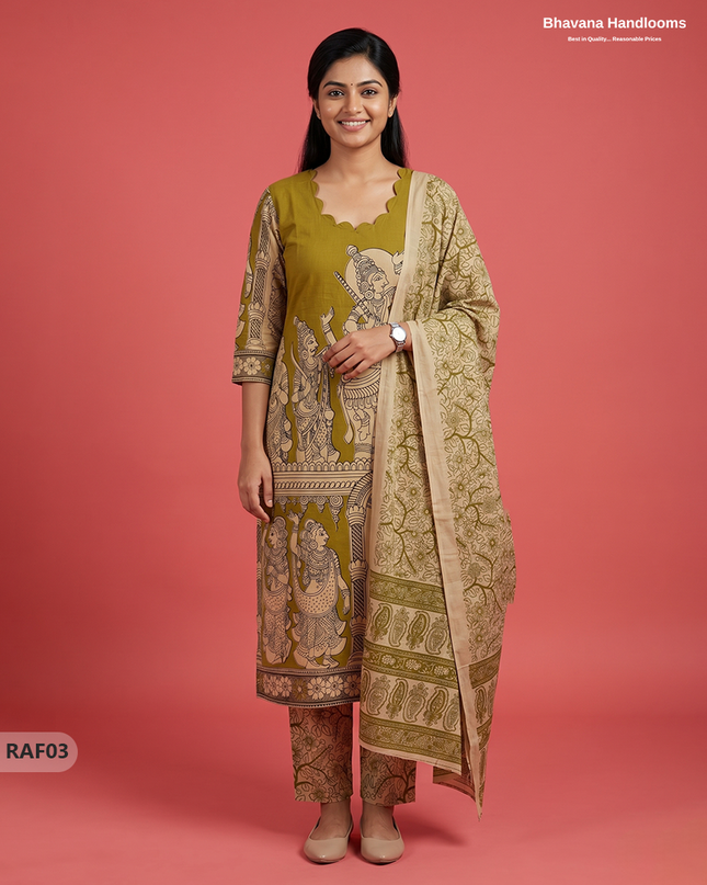 Premium Kalamkari Ramayanam Design 3PC Kurti Set with Elastic Bottom | Olive Green Ethnic Wear