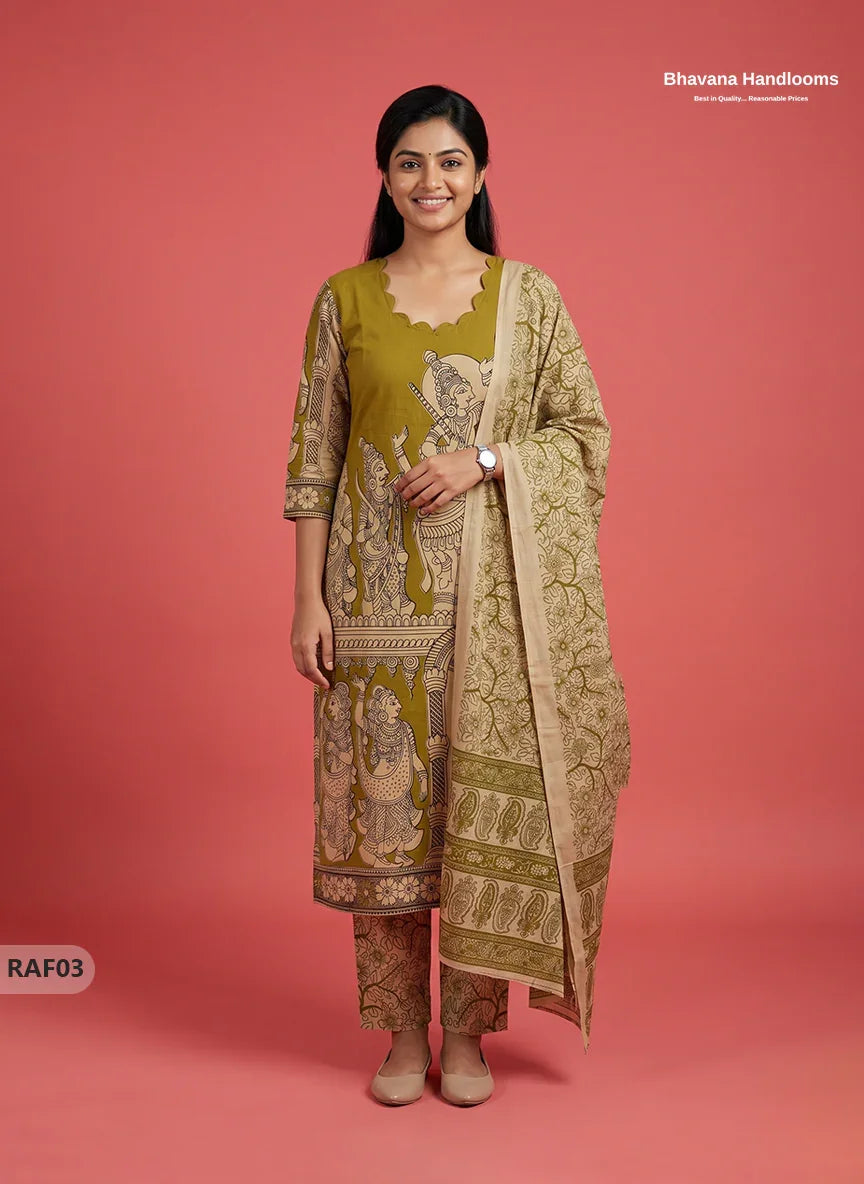 Premium Kalamkari Ramayanam Design 3PC Kurti Set with Elastic Bottom | Olive Green Ethnic Wear