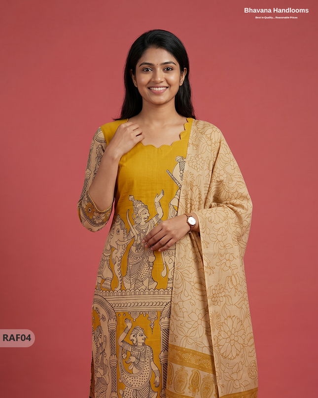 Premium Kalamkari Ramayanam Design 3PC Kurti Set with Elastic Bottom | Mustard Yellow Ethnic Wear