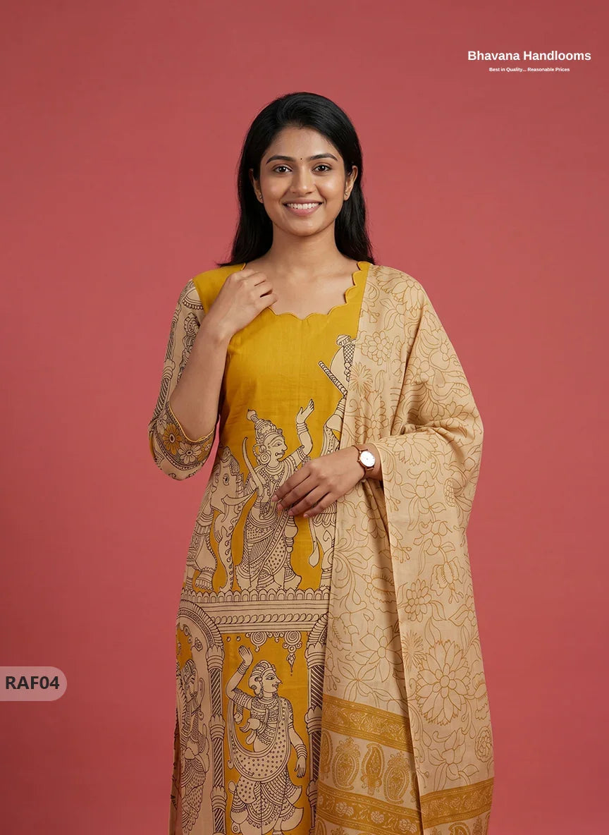Premium Kalamkari Ramayanam Design 3PC Kurti Set with Elastic Bottom | Mustard Yellow Ethnic Wear