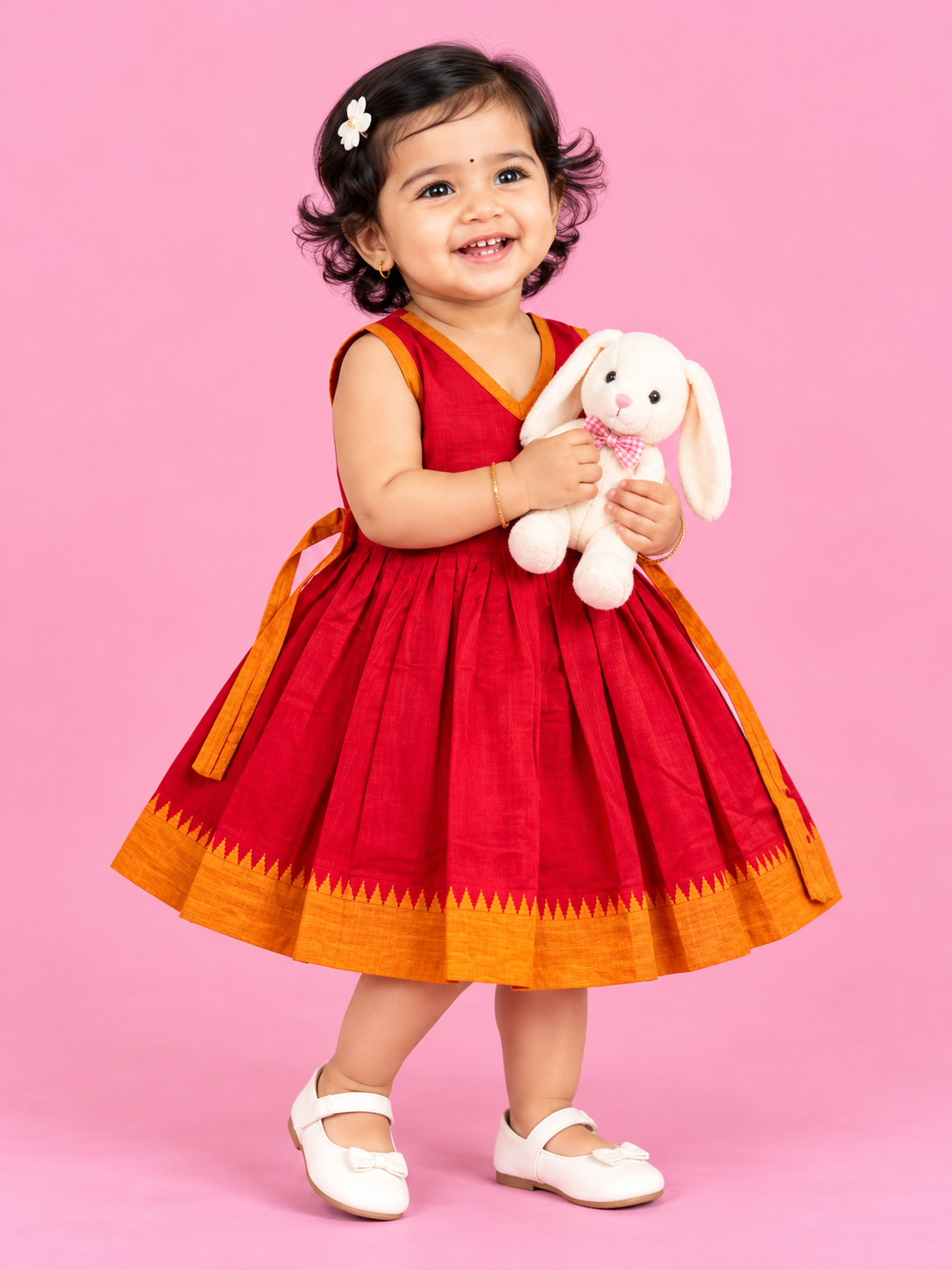 Red & Orange Temple Border Baby Frock for Girls – 1 to 3 Years – photo 1