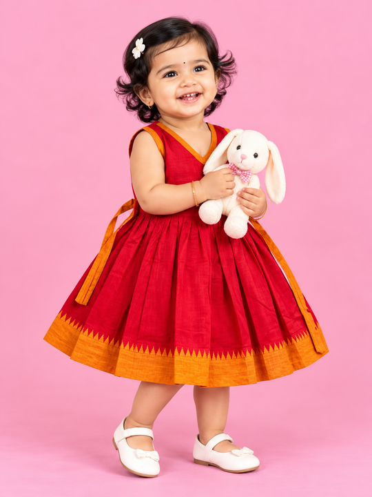 Red & Orange Temple Border Baby Frock for Girls – 1 to 3 Years – photo 1