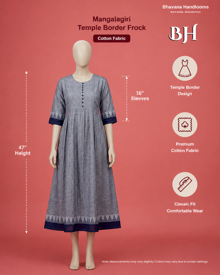 Premium Mangalagiri Temple Border Frock with Potli Balls | Smoky Olive Grey Colour | Half Lining