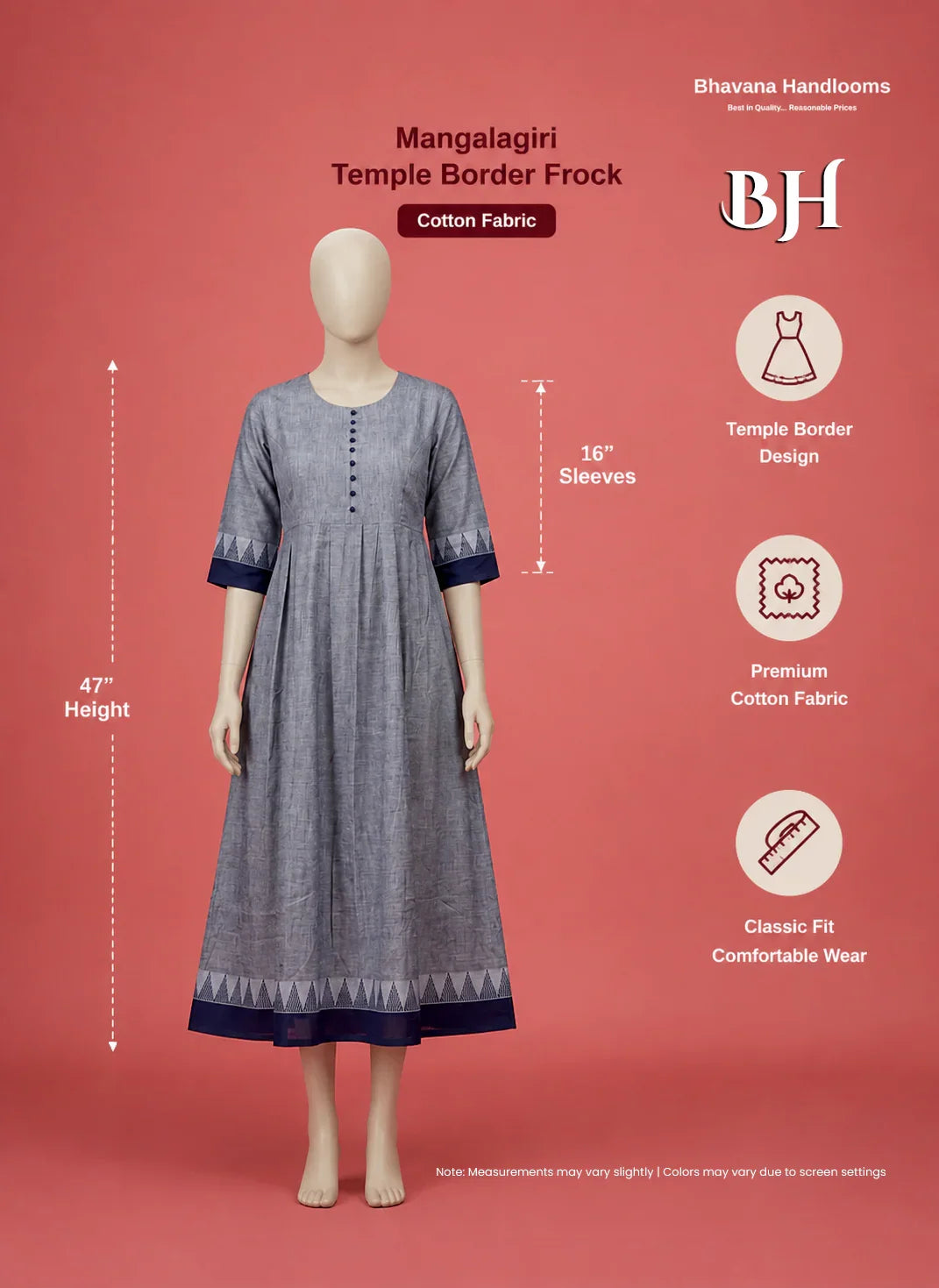 Premium Mangalagiri Temple Border Frock with Potli Buttons | Dusty blue with purple undertonesColour | Half Lining